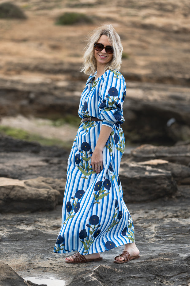 VESTIDO TERRENAS CELESTE RAYAS