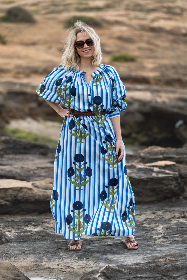 VESTIDO TERRENAS CELESTE RAYAS