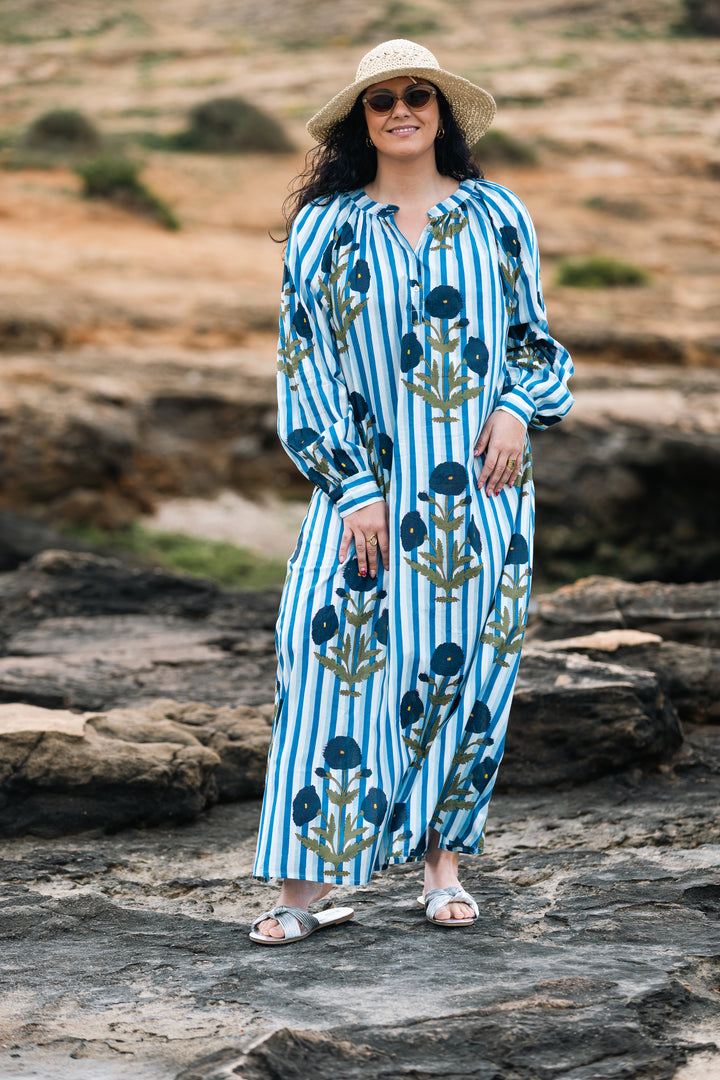VESTIDO TERRENAS CELESTE RAYAS
