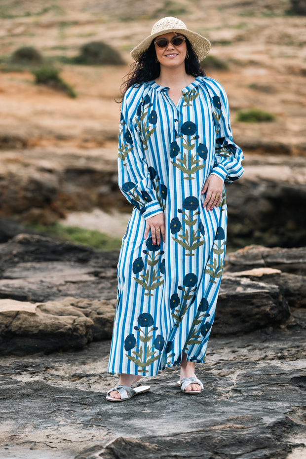 VESTIDO TERRENAS CELESTE RAYAS