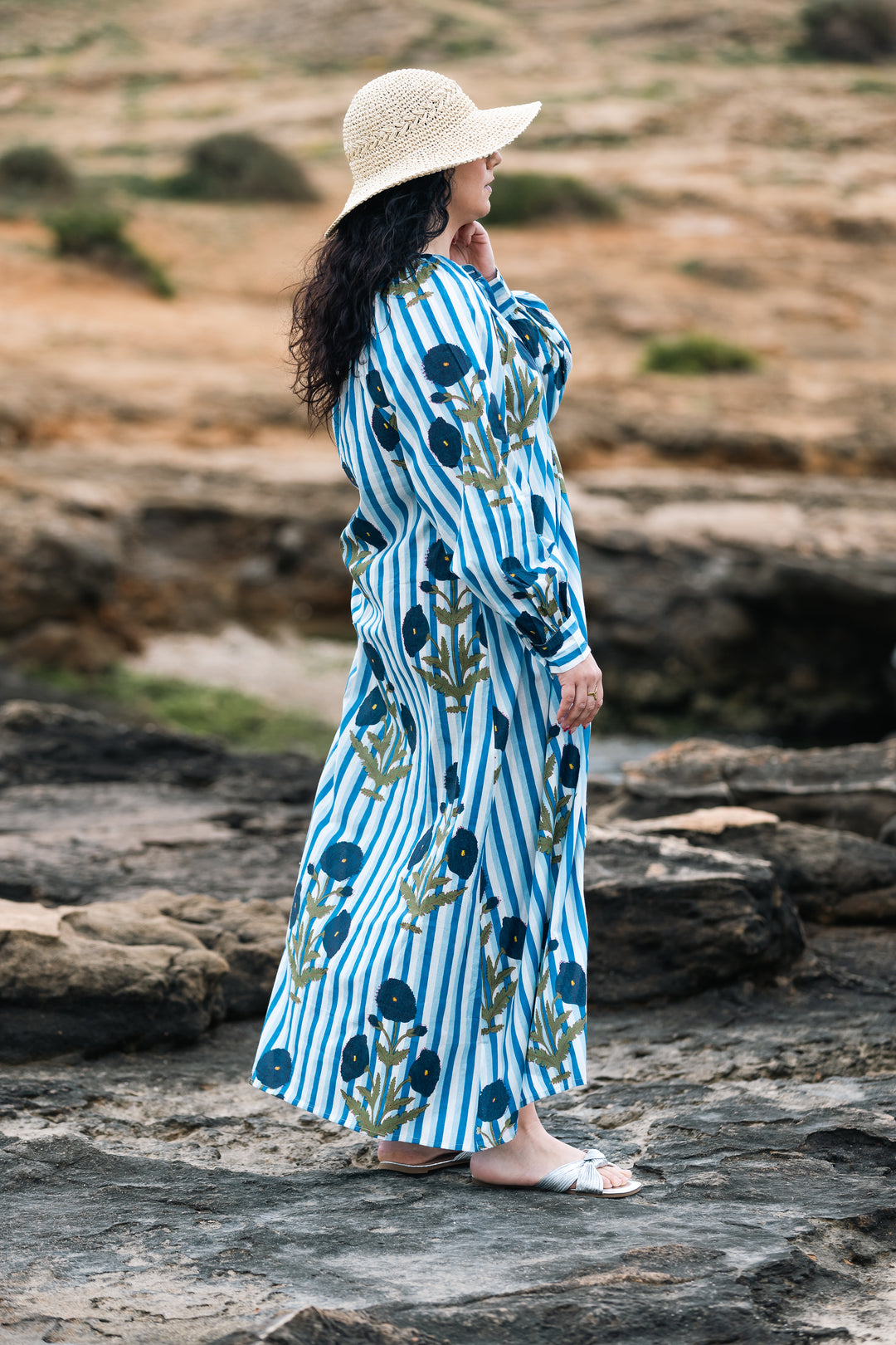 VESTIDO TERRENAS CELESTE RAYAS