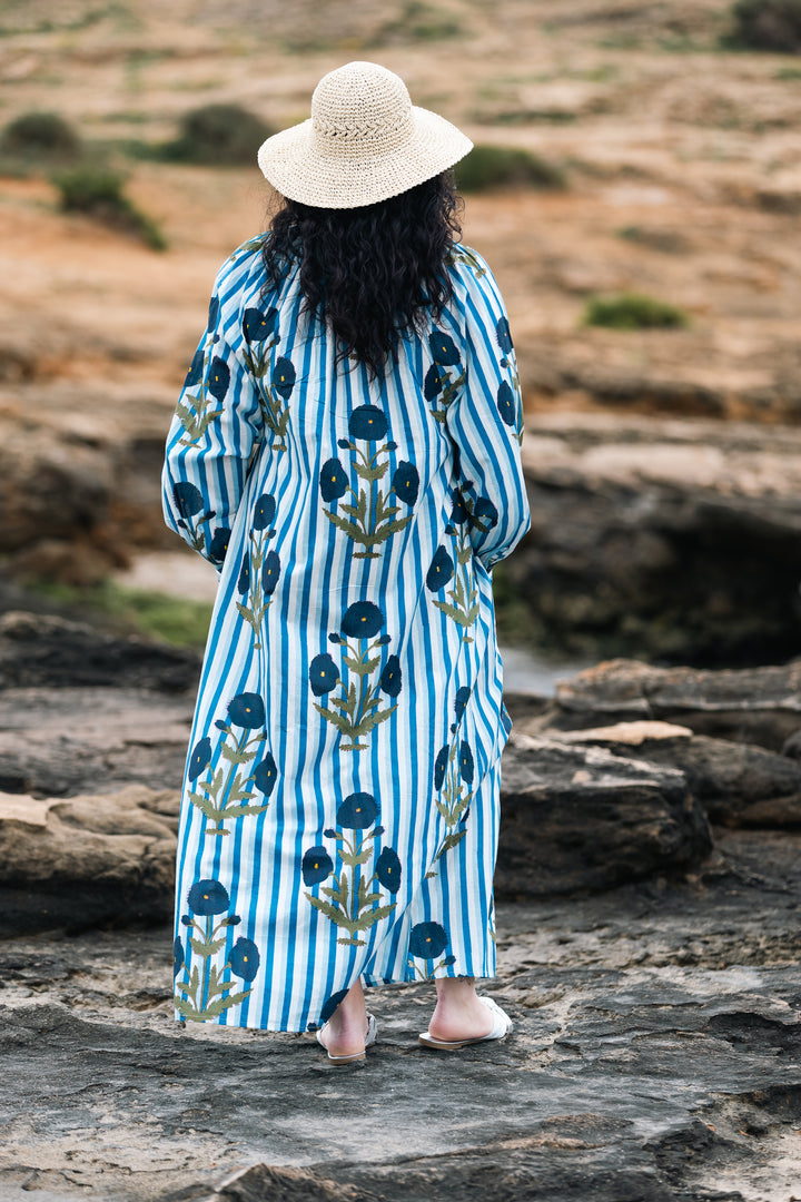 VESTIDO TERRENAS CELESTE RAYAS