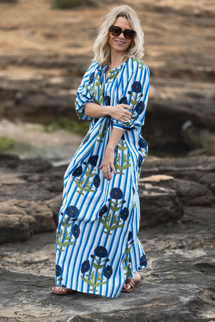 VESTIDO TERRENAS CELESTE RAYAS