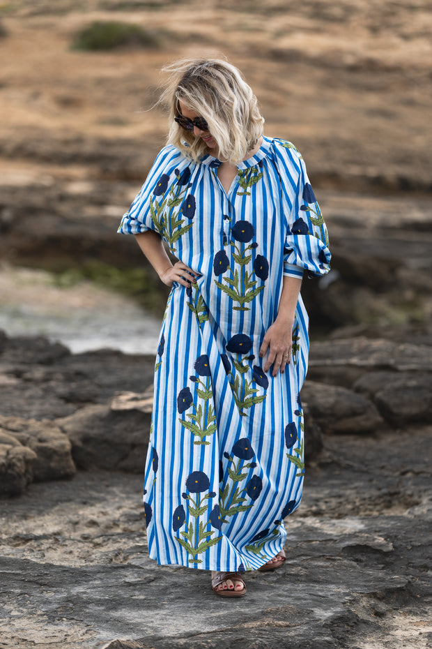 VESTIDO TERRENAS CELESTE RAYAS