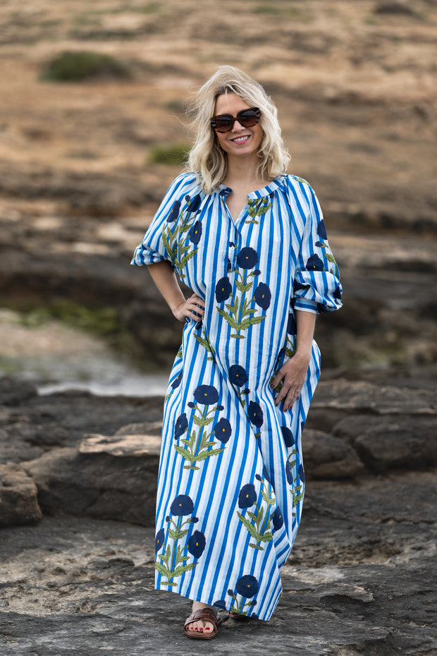 VESTIDO TERRENAS CELESTE RAYAS