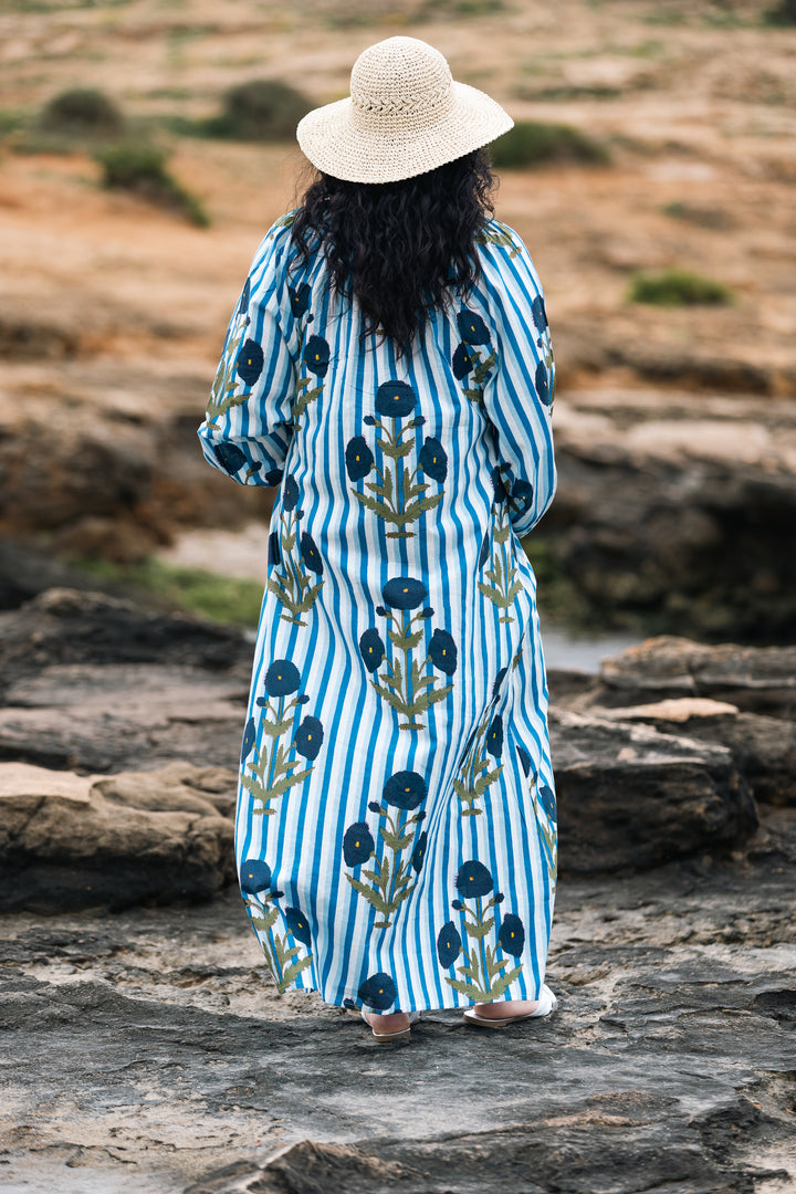 VESTIDO TERRENAS CELESTE RAYAS