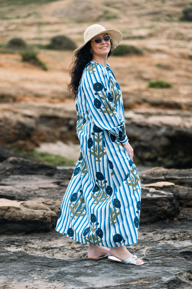 VESTIDO TERRENAS CELESTE RAYAS