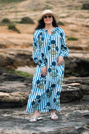 VESTIDO TERRENAS CELESTE RAYAS
