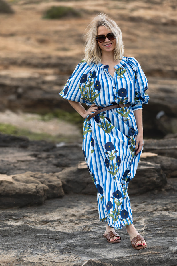 VESTIDO TERRENAS CELESTE RAYAS