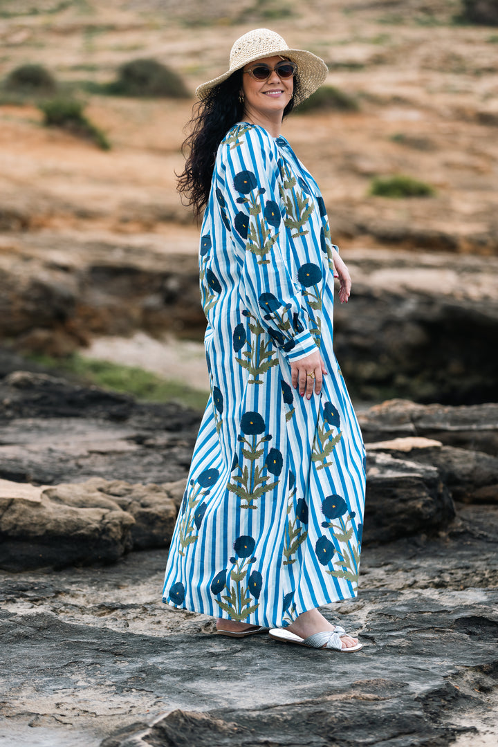 VESTIDO TERRENAS CELESTE RAYAS