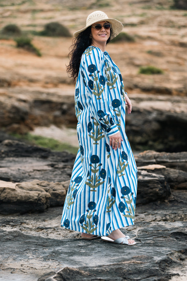 VESTIDO TERRENAS CELESTE RAYAS