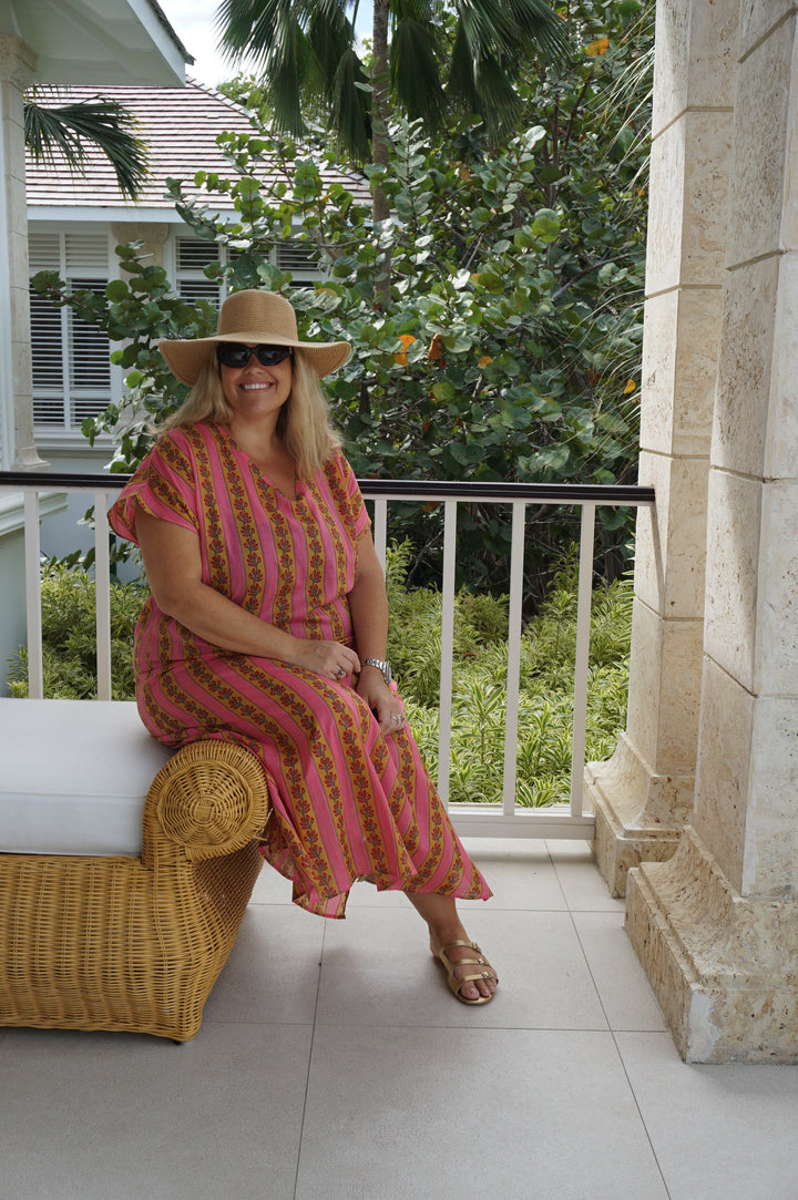 VESTIDO MOCA RAYAS FUCSIA