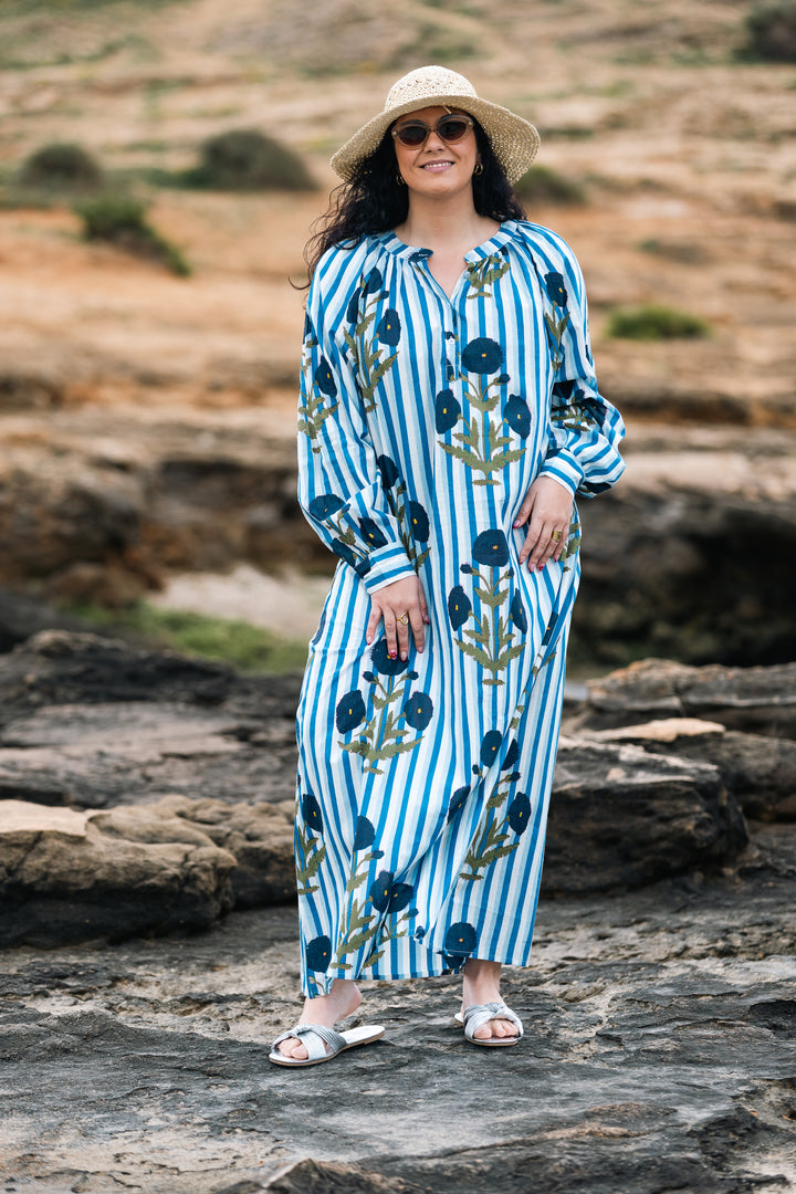 VESTIDO TERRENAS CELESTE RAYAS